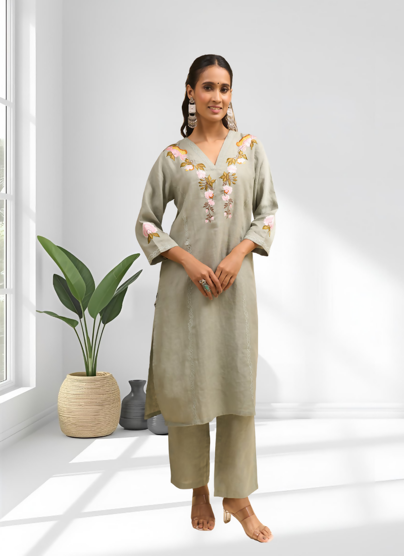 Joban Fashion Pista Green Linen Embroidered Readymade Cord Set | Grocsy