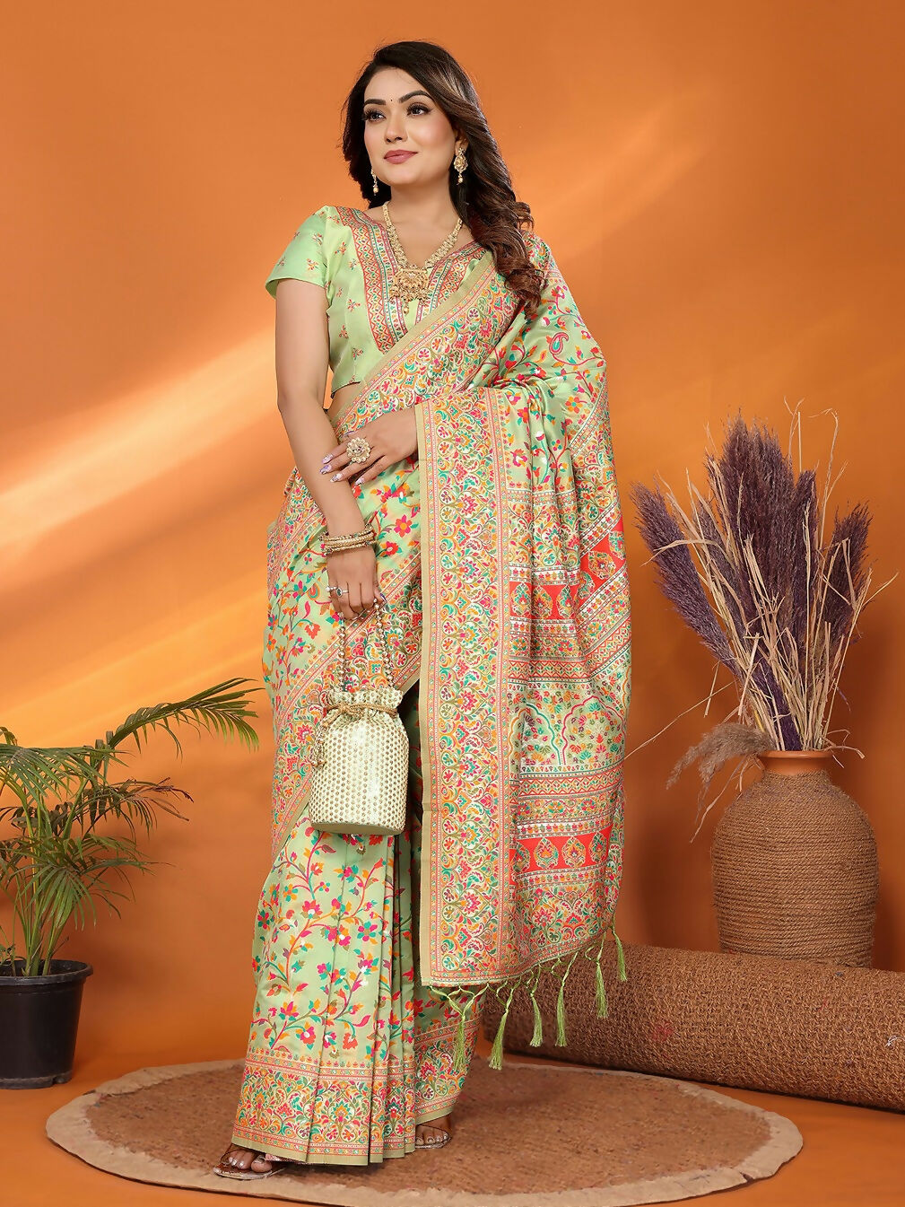 Joban Fashion Pastel Green Meena Weaves Pashmina Sarees | Grocsy