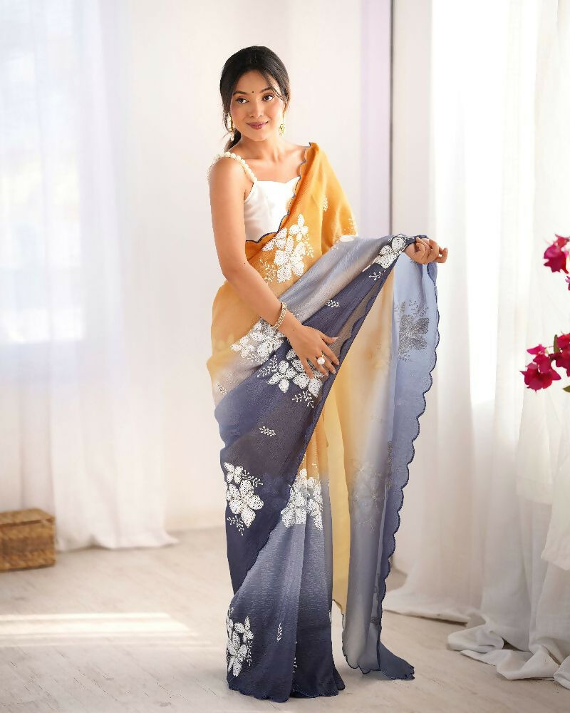 Orange and Grey Crunchy Crush Pedding Color Embroidery Work Party Wear Saree - Zuleika | Grocsy