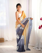 Orange and Grey Crunchy Crush Pedding Color Embroidery Work Party Wear Saree - Zuleika | Grocsy