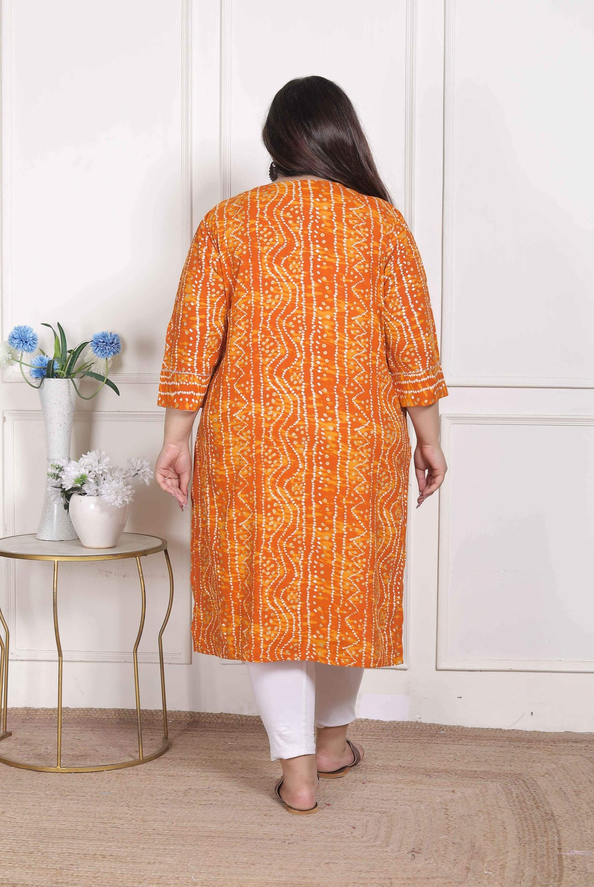 Miravan Women's Plus Size Yellow Bandhani Printed Straight Kurta | Grocsy