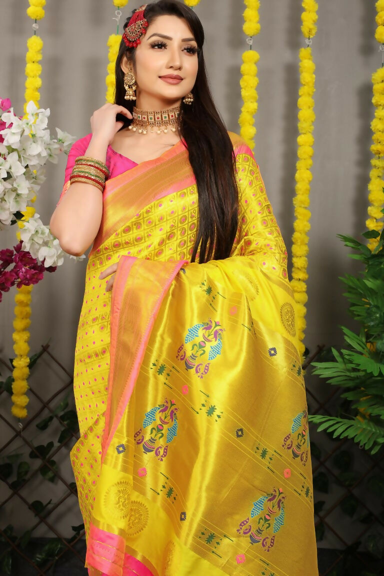 Jyoti Fashion Women's Yellow Banarasi Silk Zari Woven Saree with Blouse | Grocsy
