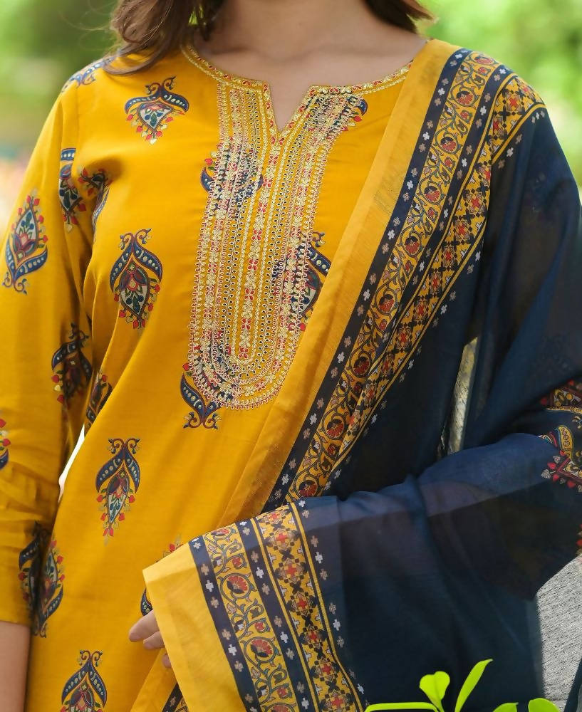 Yufta Women Mustard Yellow & Navy Blue Printed Kurta with Trouser and Dupatta | Grocsy