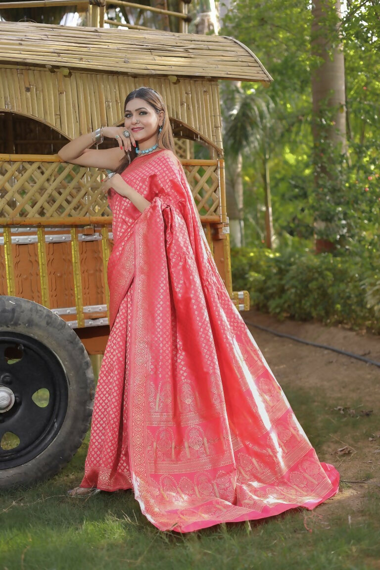 Partywear Designer Peach Banarasi Silk Fancy Saree - Starwalk | Grocsy