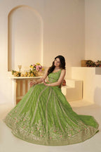 Kesar Fab Green Jimmy Choo Hand_Woven Lehenga | Grocsy
