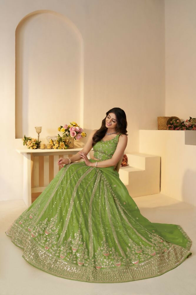 Kesar Fab Green Jimmy Choo Hand_Woven Lehenga | Grocsy