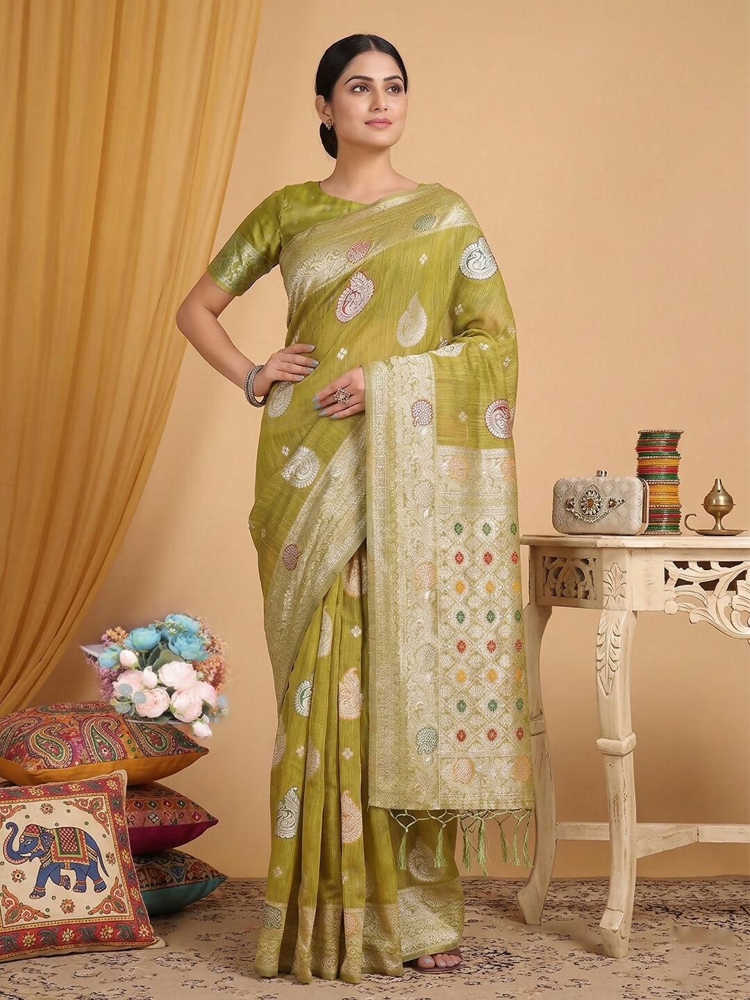 Shree Shyam Fashion Mustard Linen Cotton Saree | Grocsy
