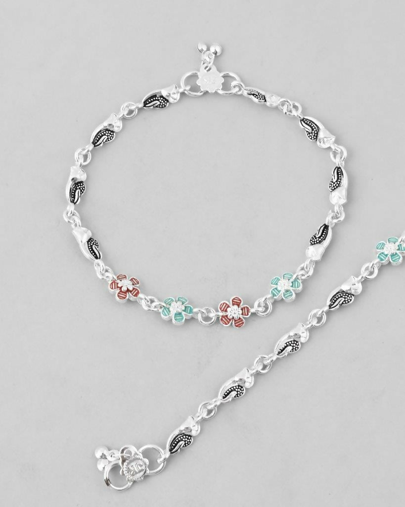 VOJ Set of 2 Stone Studded Mutli Color Flower Shaped Anklet | Grocsy