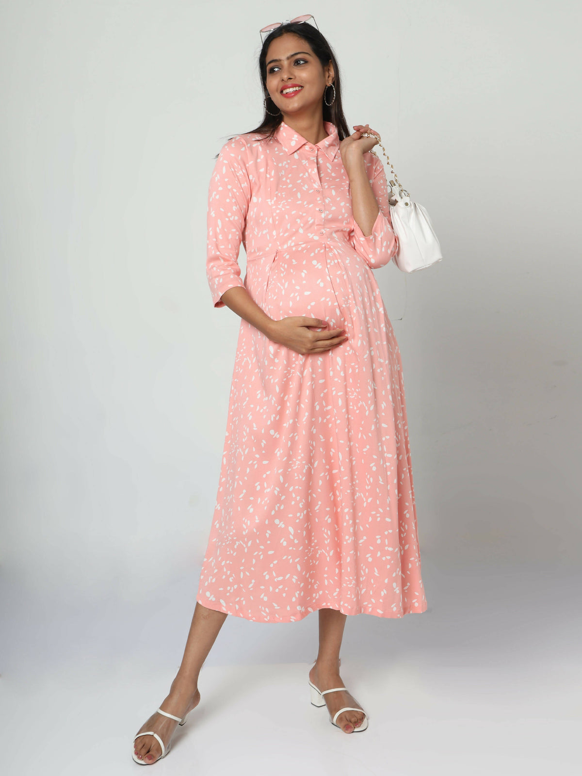 Manet Three Fourth Maternity Dress White Dot Print With Concealed Zipper Nursing Access - Pink | Grocsy