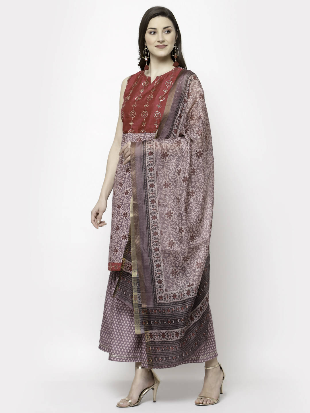 Myshka Multicolor Cotton Blend Printed Sleeveless Round Neck Kurta Palazzo Dupatta Set | Grocsy