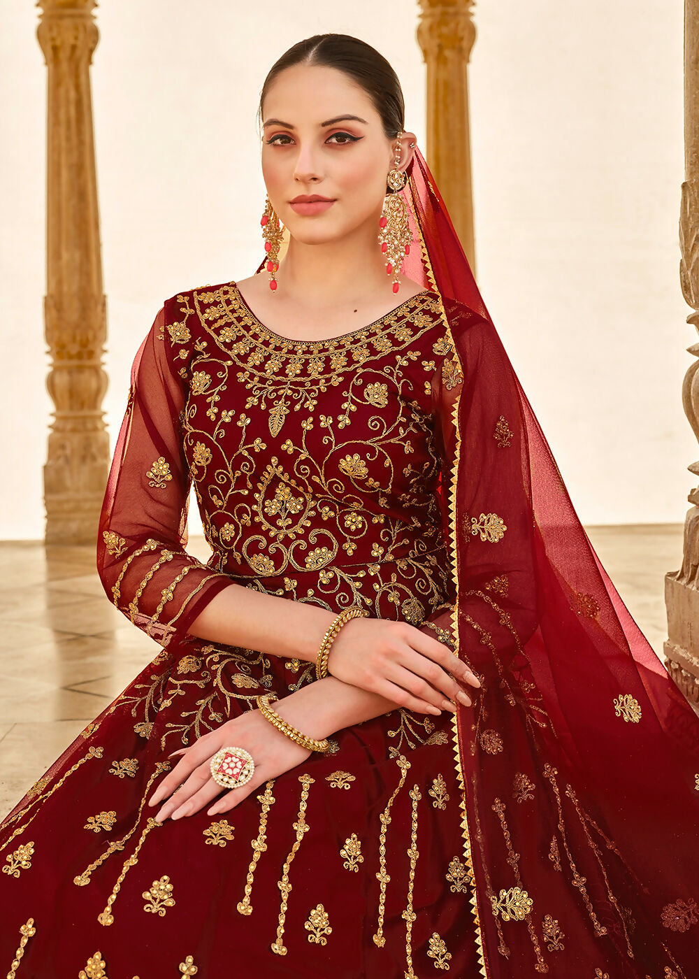 Heavy Stone Embroidered Maroon Designer Anarkali Suit - Emponline | Grocsy