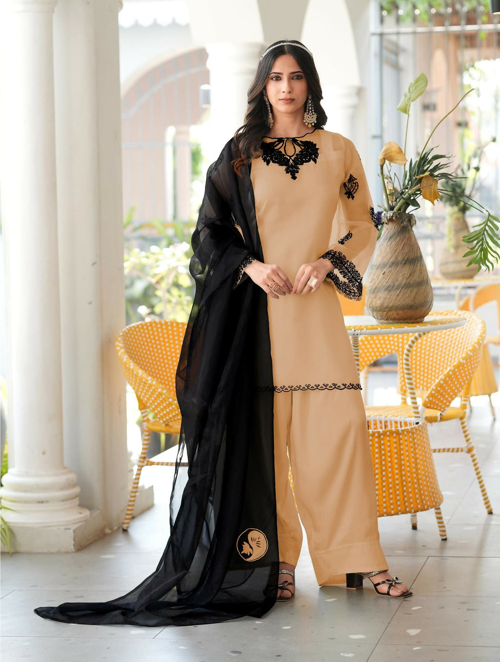 Nikhaar Light Brown Embroidered Organza Stitched Straight Cut Kurta Farshi Salwar Dupatta Readymade Suit | Grocsy
