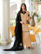 Nikhaar Light Brown Embroidered Organza Stitched Straight Cut Kurta Farshi Salwar Dupatta Readymade Suit | Grocsy