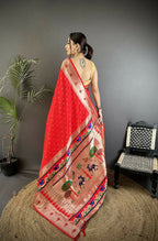 Joban Fashion Red Peacock & Floral Motifs Soft Lichi Silk Kanchipuram Saree | Grocsy