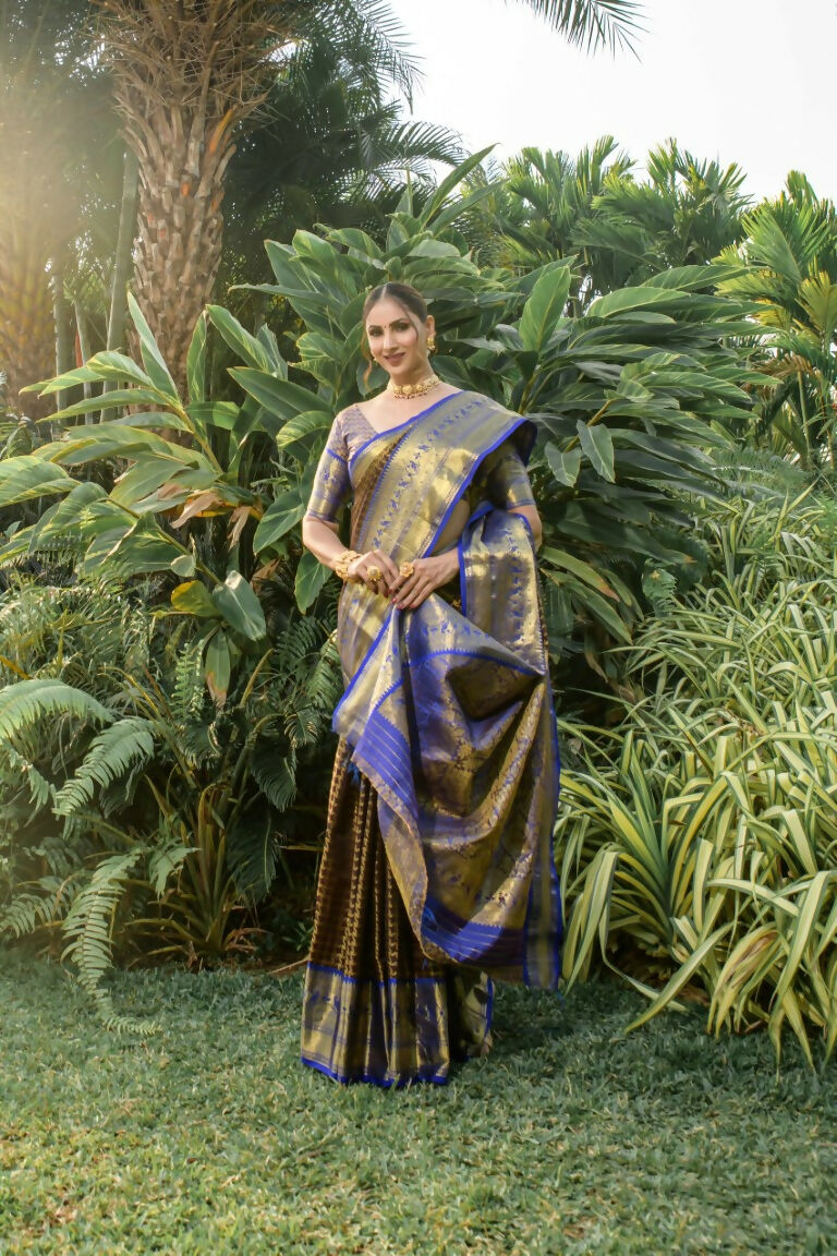 Jyoti Fashion Women's Coffee Kanjivaram Silk Zari Woven Saree with Blouse | Grocsy