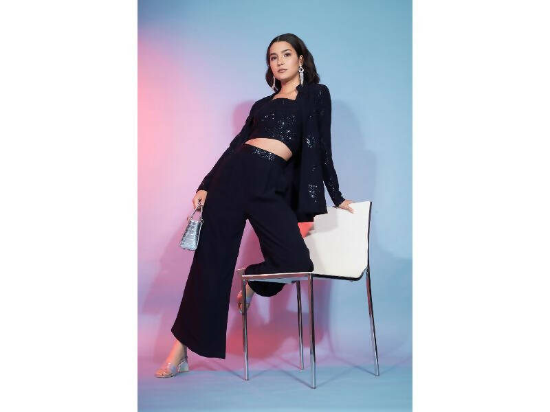 Navy Georgette Sequence With Thread Designer Co-Ord Set - Flory | Grocsy