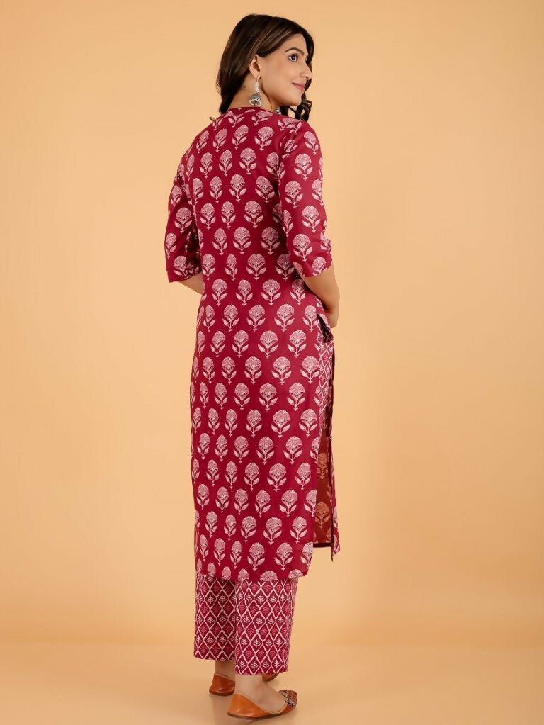 Aramya Pink Soft Cotton Block Print Straight Kurta Set for Women | Grocsy