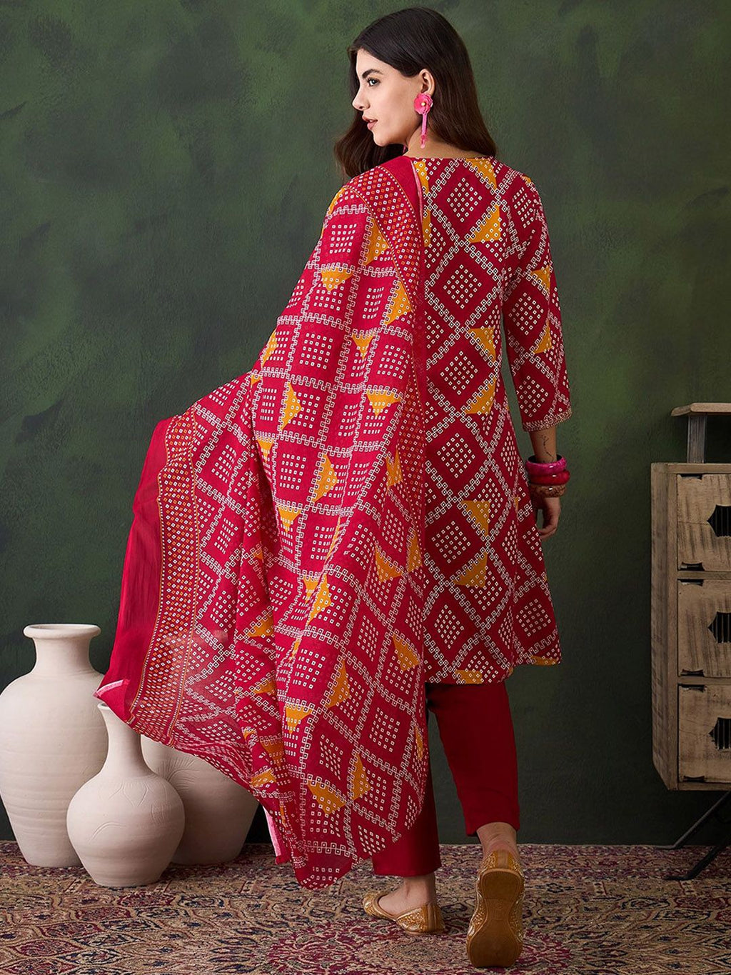 Sangria Printed V- Neck Kurta, Trouser & Dupatta Set | Grocsy