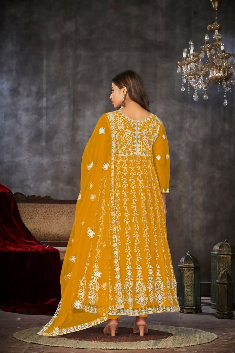 Jyoti Fashion Women's Yellow Net Embroidered Anarkali Kurta Pant Set With Dupatta | Grocsy