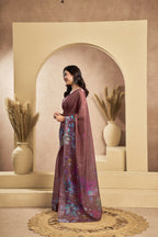 Vastranavya Coffee Digital Printed Linen Ready To Wear Designer Saree with Unstitched Blouse | Grocsy
