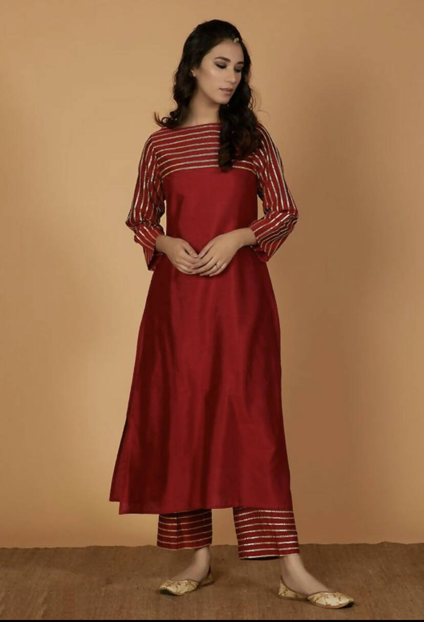 Cheera Silk Blend Fancy Women's Maroon Color Kurta Palazzo Set | Grocsy