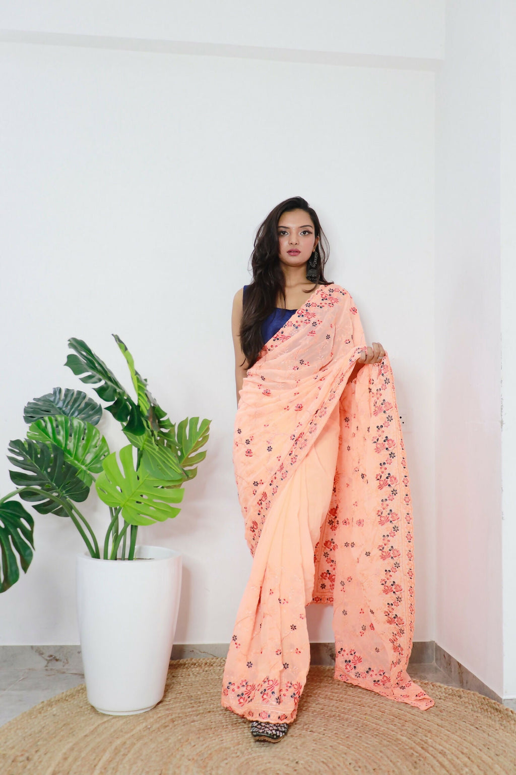 Vamsee Era Peach Georgette Saree | Grocsy