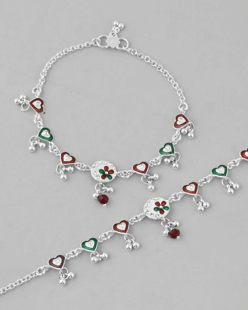 VOJ Set of 2 Stone Studded Heart Shaped Traditional Anklet | Grocsy