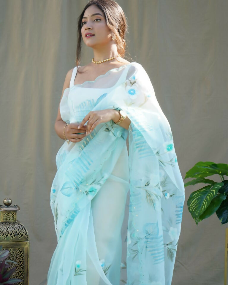 Vamsee Menka Sky Color Organza Saree | Grocsy