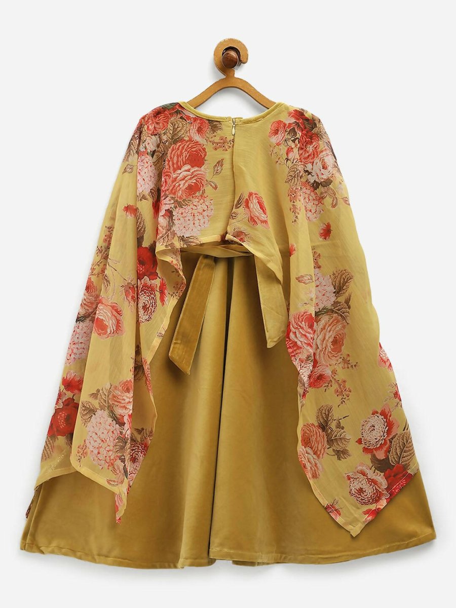 Ahalyaa Mustard Velvet Kids Dress With Attached Dupatta For Girls | Grocsy