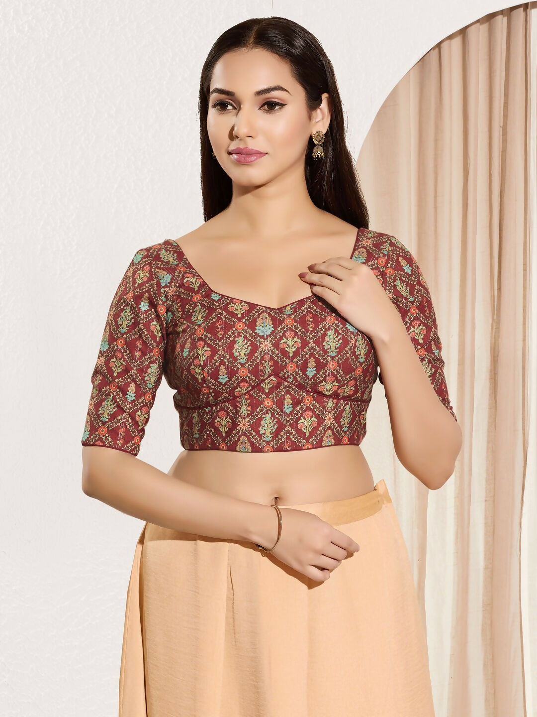 Joban Fashion Maroon Viscose Rayon Padded Blouse With Sweetheart Neck Elbow Sleeves | Grocsy