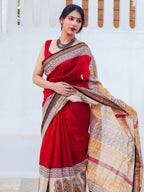 Zibaa Hand-Blocked Pure Maheshwari Silk Red Saree | Grocsy