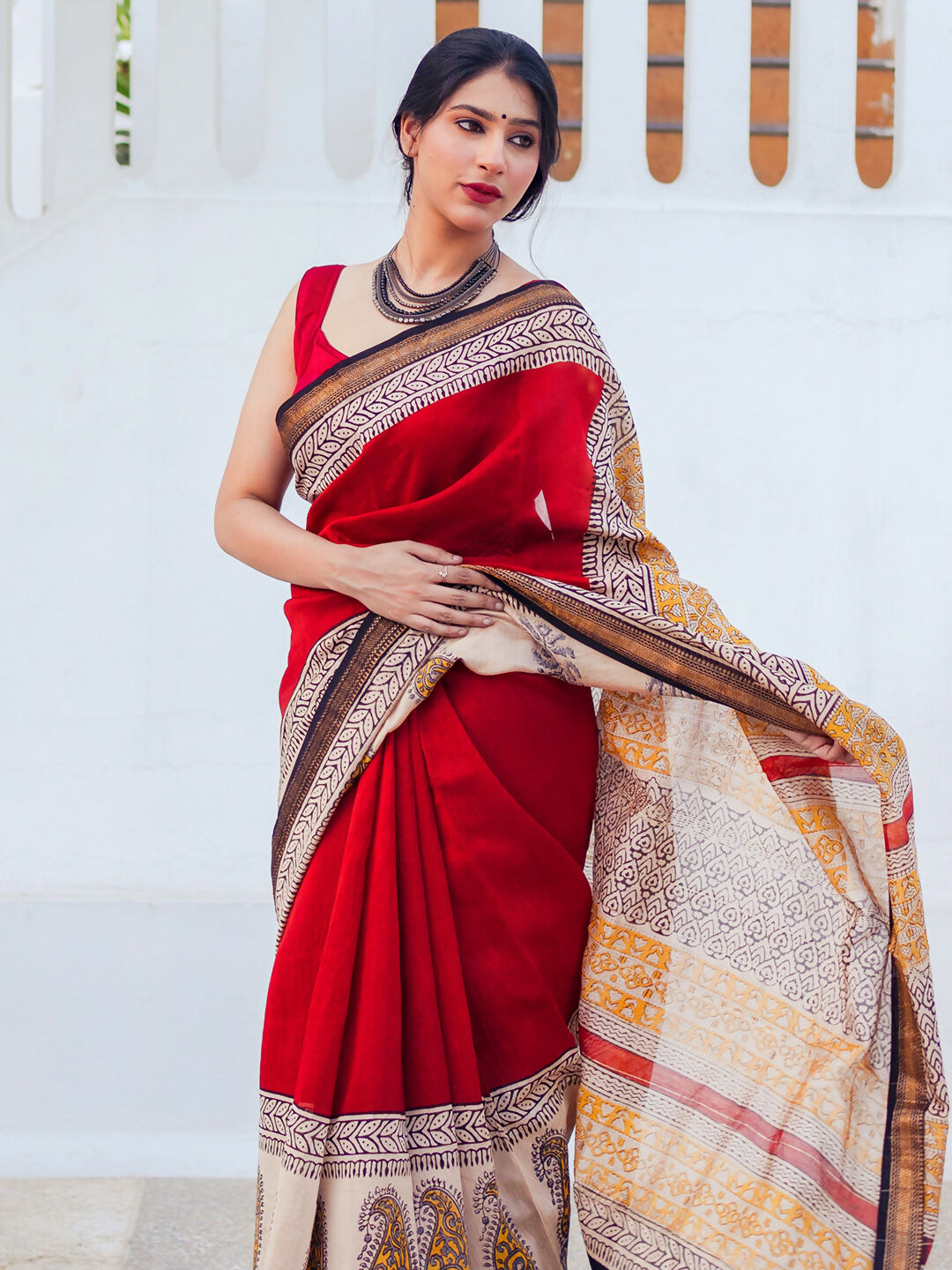 Zibaa Hand-Blocked Pure Maheshwari Silk Red Saree | Grocsy