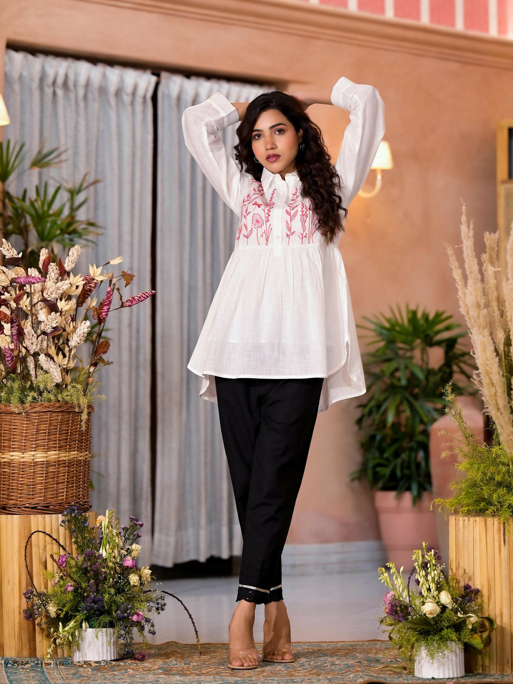 Juniper Women's White Thread Embroidered Cotton Tunic With Button Closure | Grocsy