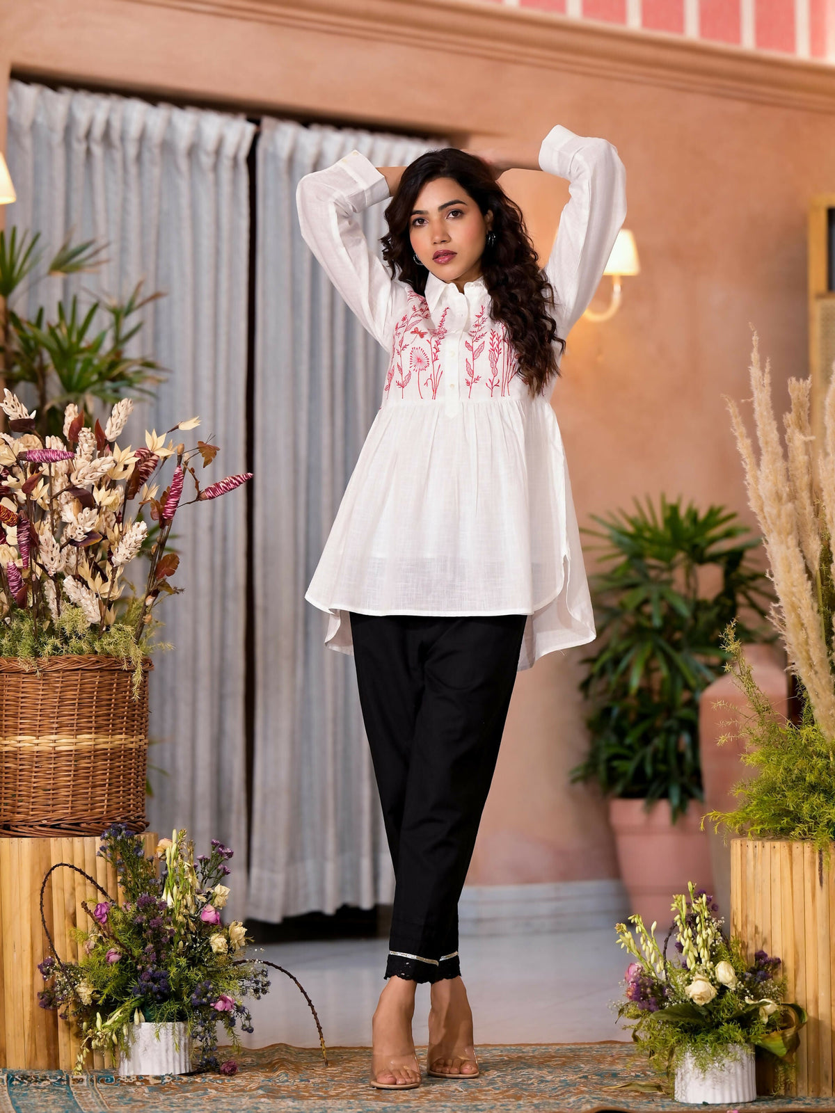 Juniper Women's White Thread Embroidered Cotton Tunic With Button Closure | Grocsy