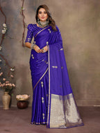 Joban Fashion Indigo Blue Floral & Botanical Motifs Satin Silk Banarasi Silk Saree | Grocsy