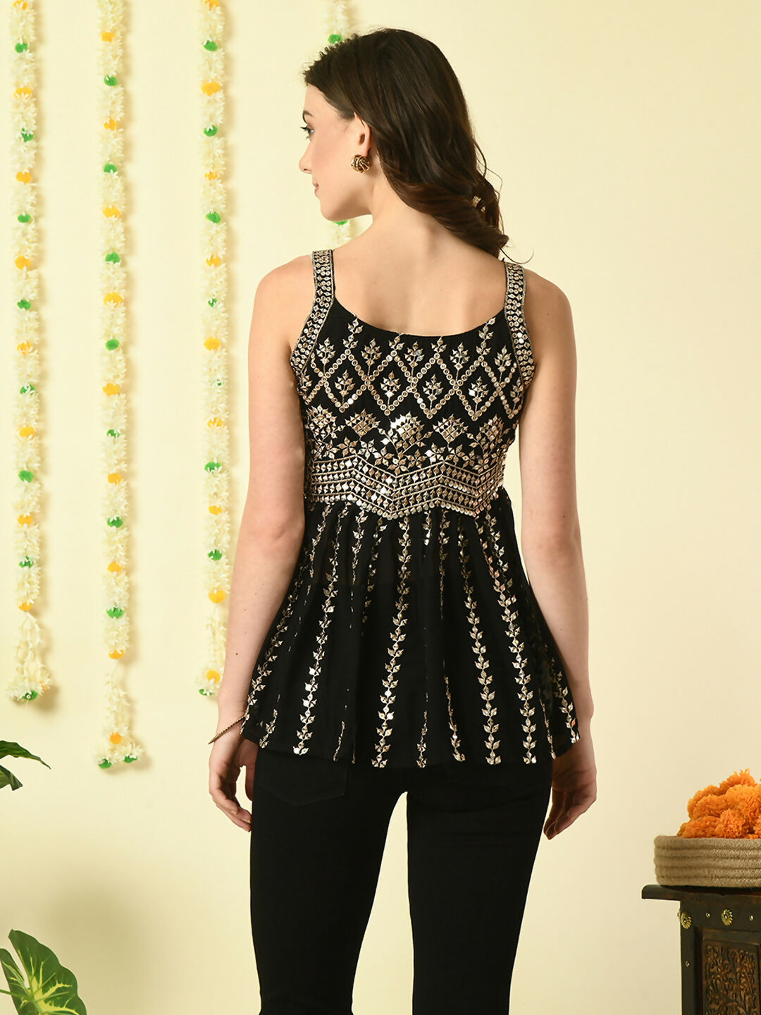 Myshka Women's Black Embroidered Party Fusion Top | Grocsy
