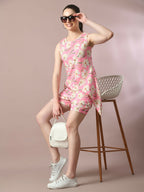 Myshka Women's Pink Printed Round Neck Party Top With Shorts Co-ord set | Grocsy