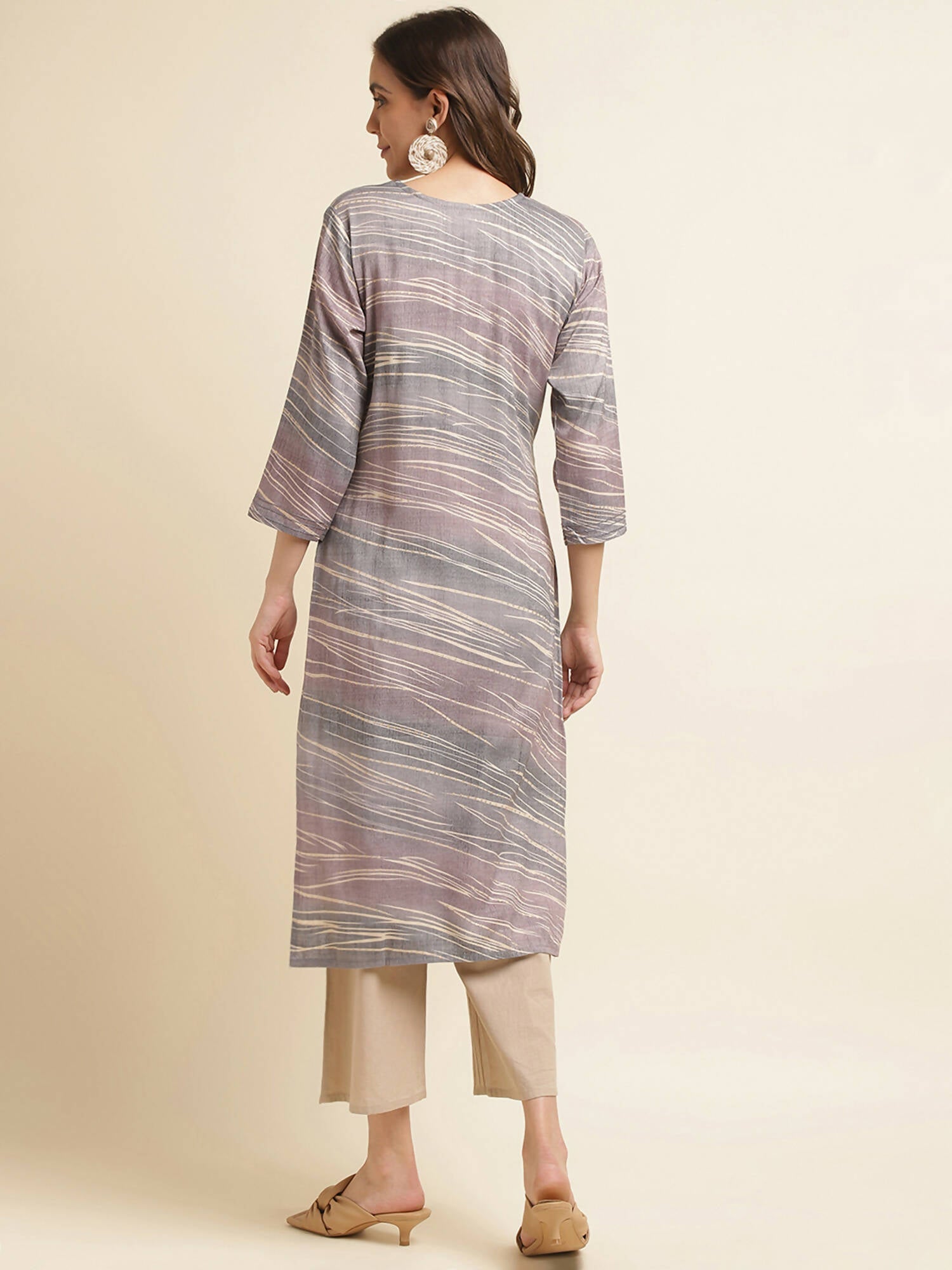 Grey Poly Rayon Stripe Printed Straight Fit Kurta - Prasuti | Grocsy