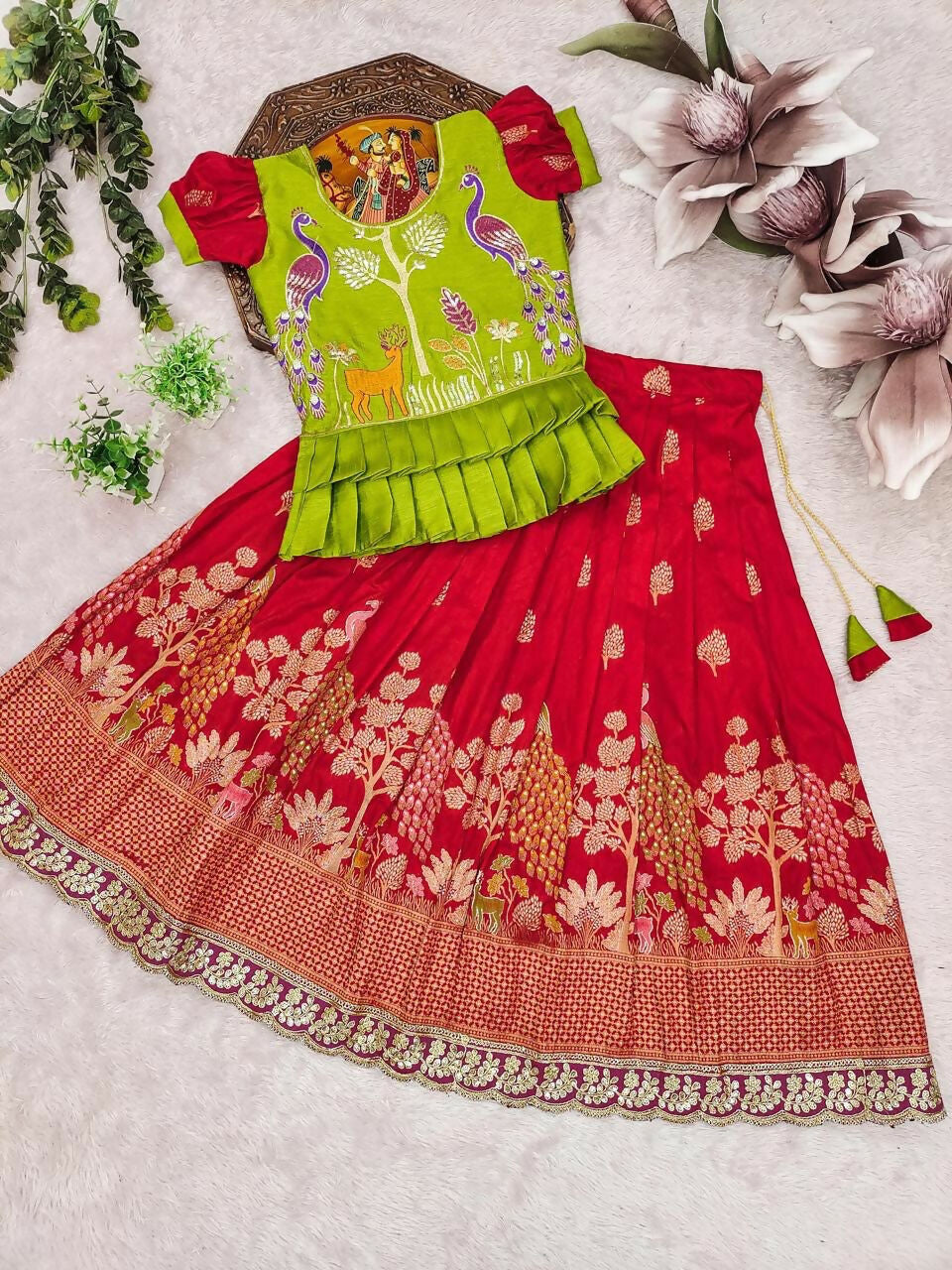 Teeya Creation New Kids Red Color Little Deer Forest Fantasy Lehenga Choli Set -Green | Grocsy