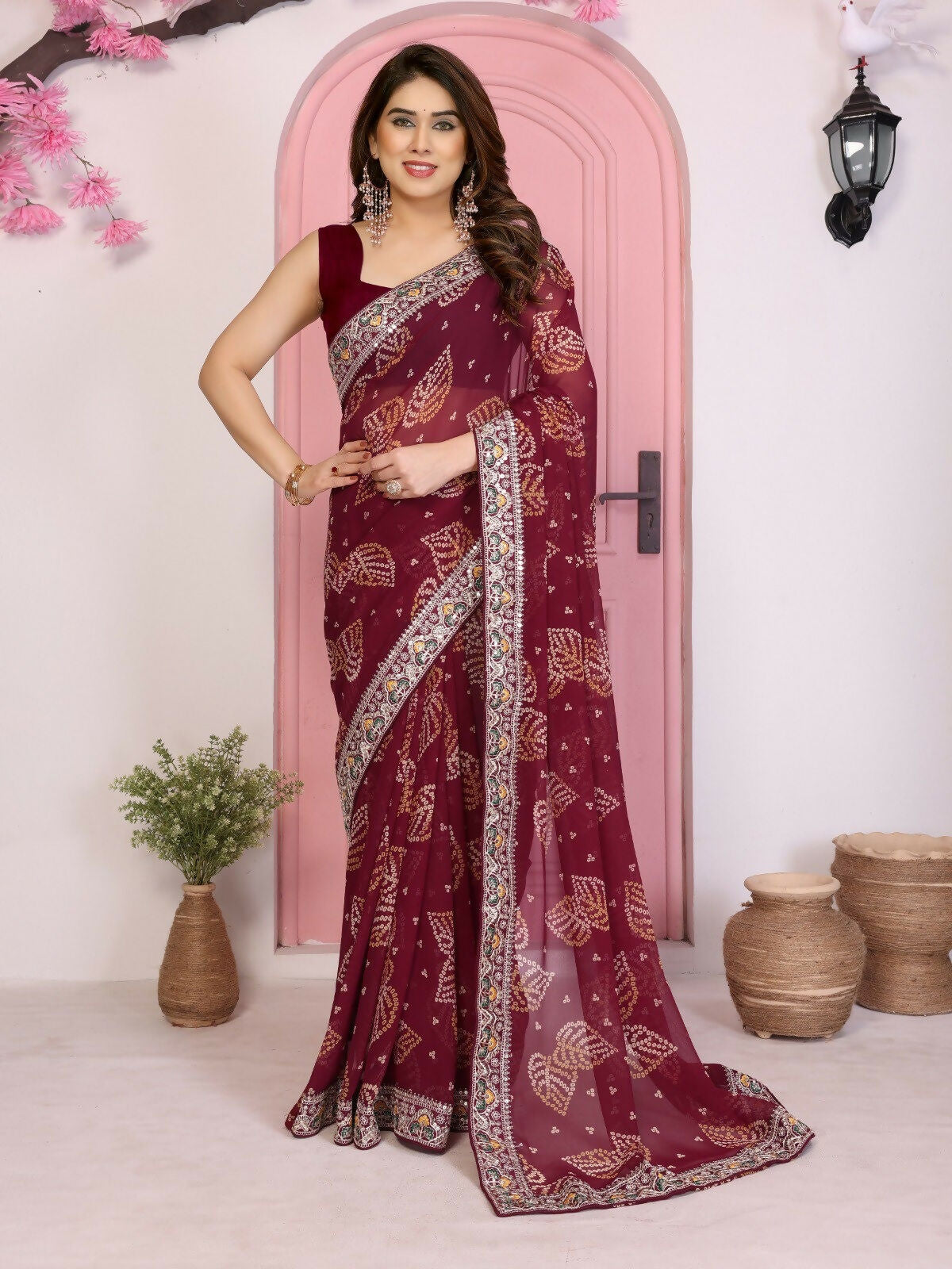 Ai Fashion Wine Georgette Rajwadi Bandhani Print Party Wear Saree | Grocsy