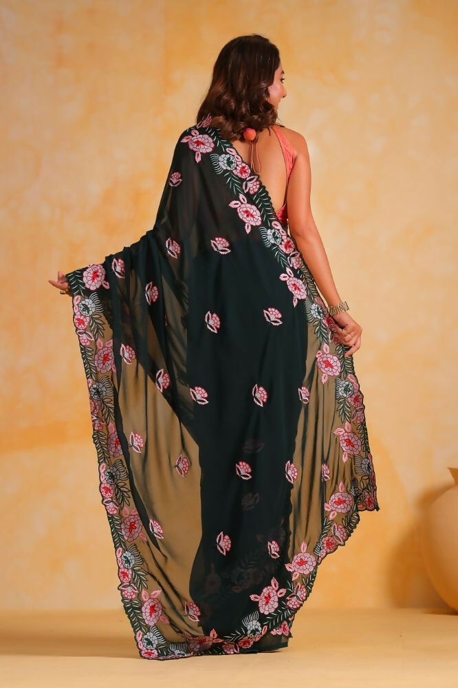 Vamsee Annie Dark Green Georgette Silk Saree | Grocsy