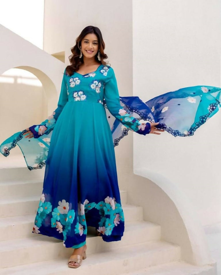 Teeya Creation Multi Color Taby Organza Silk Printed Party Wear Gown | Grocsy