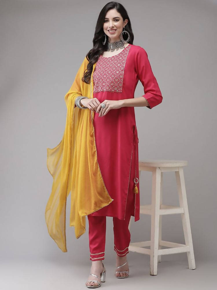 Yufta Women Pink Solid Kurta with Trouser & With Dupatta | Grocsy