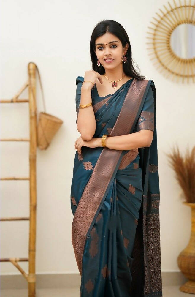 DEIANA'S Beautiful Designer Golden zari Soft Lichi Silk Saree - Teal | Grocsy