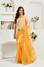 Vastranavya Yellow White Digital Printed Linen Ready To Wear Designer Saree with Unstitched Blouse | Grocsy