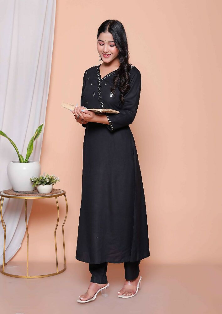 Miravan Womens Black Mirror Work Angrakha Kurta And Palazzo Set | Grocsy