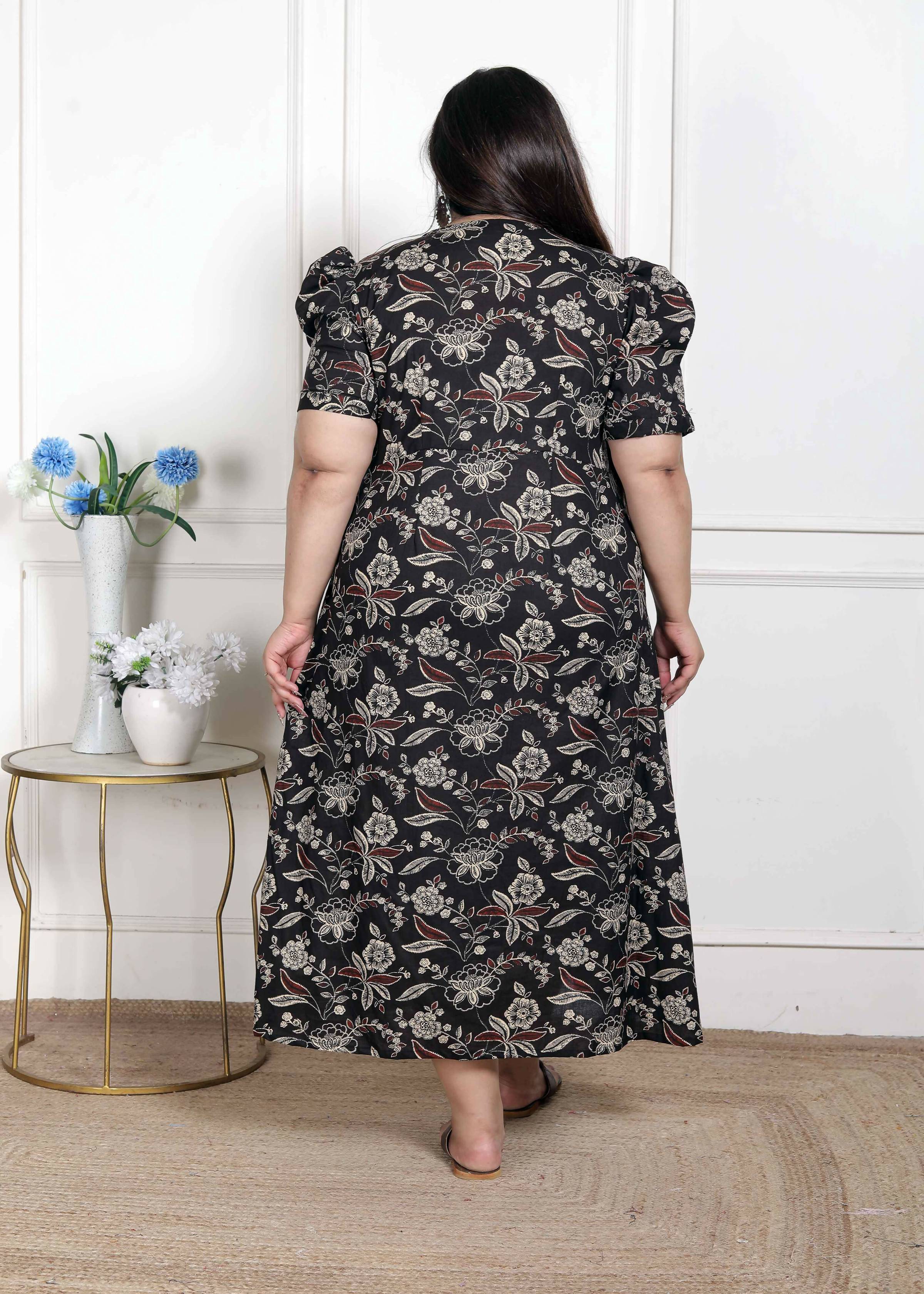 Miravan Women's Plus Size Multicolored Pleated Puff Sleeve Floral Pure Cotton Butterfly Maxi Dress | Grocsy