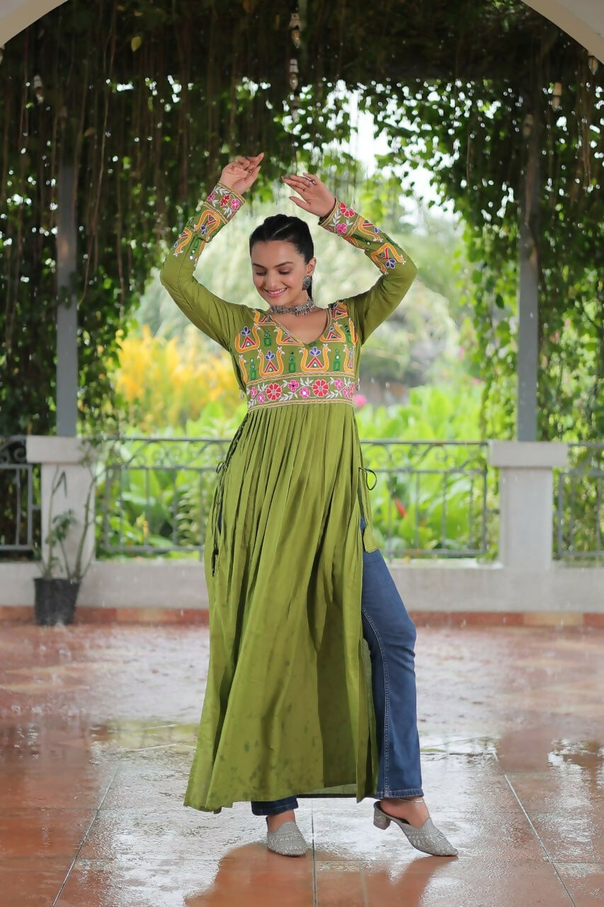 Vastranavya Green Pink Navratri Special Rayon Kutchi Gamthi Work Kurti | Grocsy