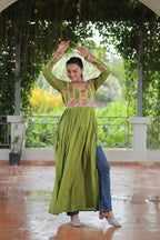 Vastranavya Green Pink Navratri Special Rayon Kutchi Gamthi Work Kurti | Grocsy