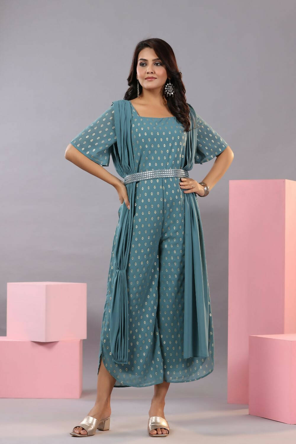 Juniper Women Teal Georgette Foil Printed Draped Jumpsuit | Grocsy